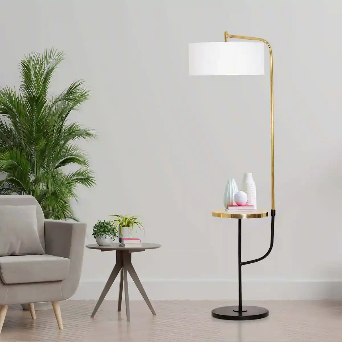 FLEMISH Metal Single Light Floor Lamp With White Cotton Shade