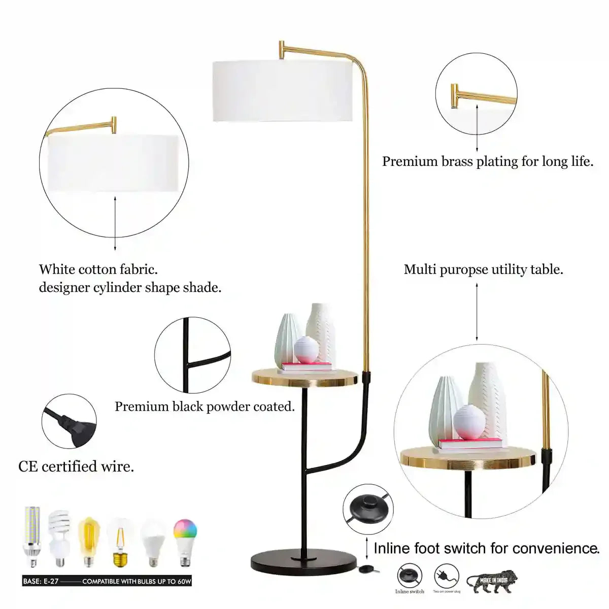 FLEMISH Metal Single Light Floor Lamp With White Cotton Shade