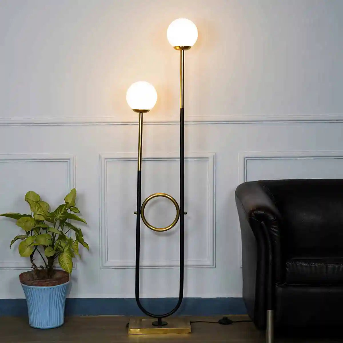 ALLEGRA 2 Light Floor Lamp in Antique Brass and Black Finish With Opal Glass Diffuser