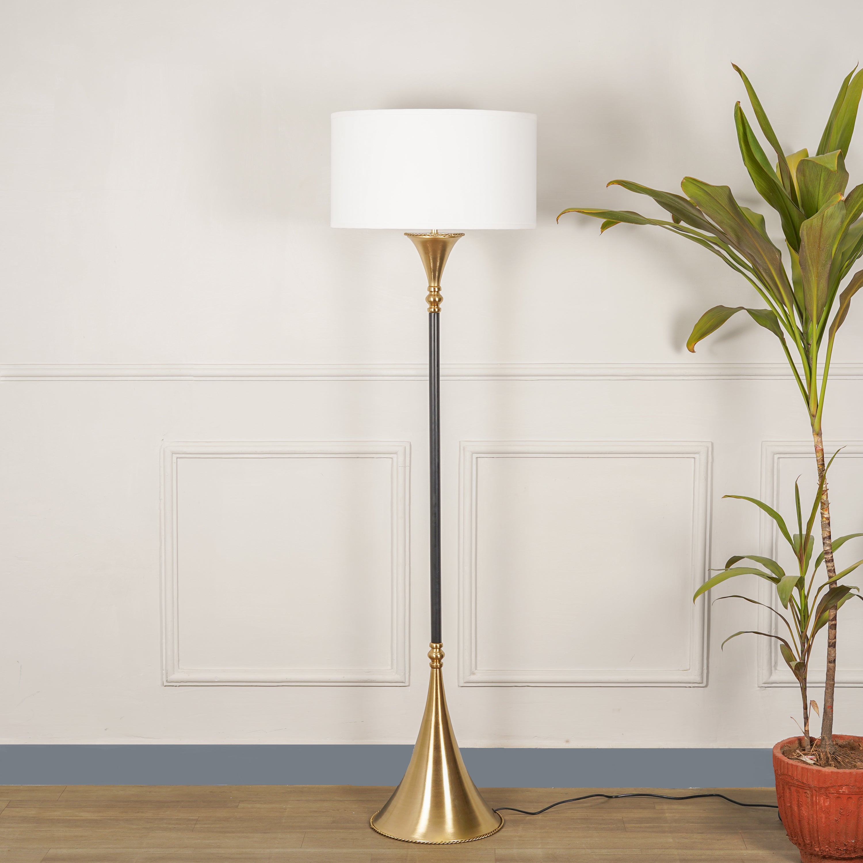 COLORADO Single Light Floor Lamp In Black & Brass Finish With Cotton Fabric Shade